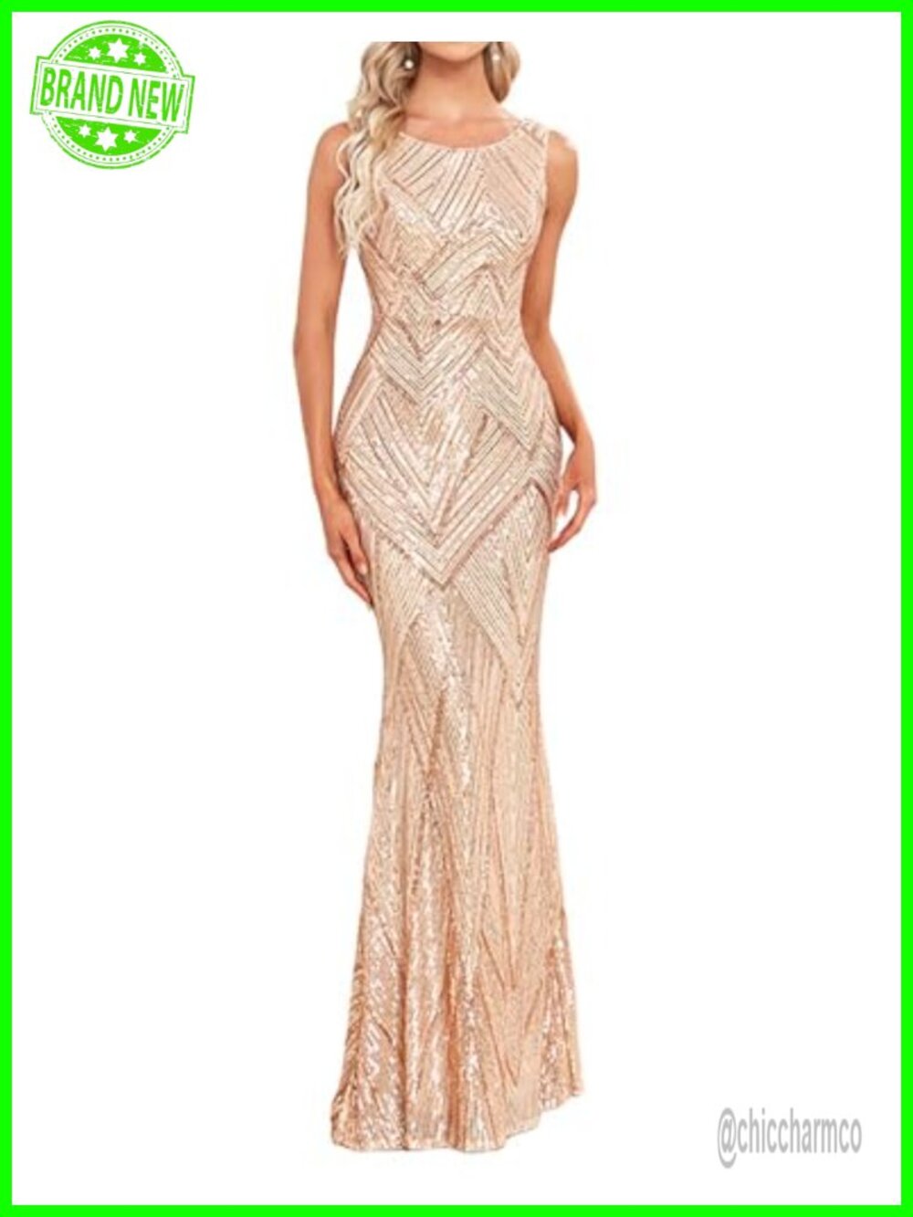 Sequin Mermaid Formal Dress Boat Neck Sleeveless Evening Gown